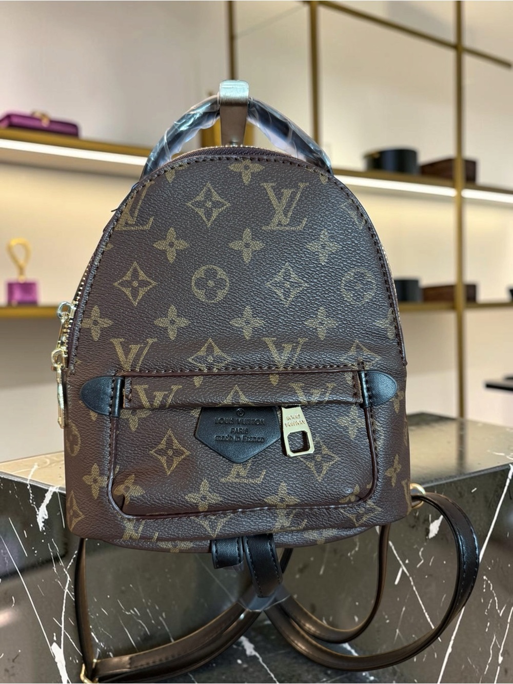 NWOT Source Unknown Brown and Black Monogram Mini Backpack